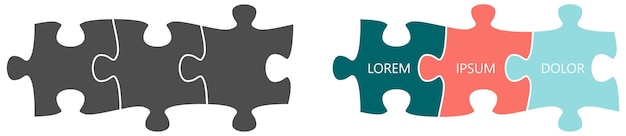 Ilustración simple de tres piezas de rompecabezas conectadas, versión gris y color