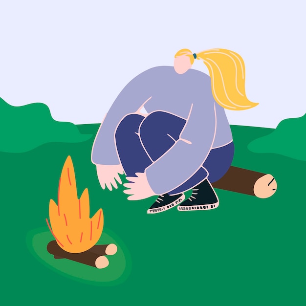 Ilustración simple vectorial con una niña sentada junto al fuego en el bosque