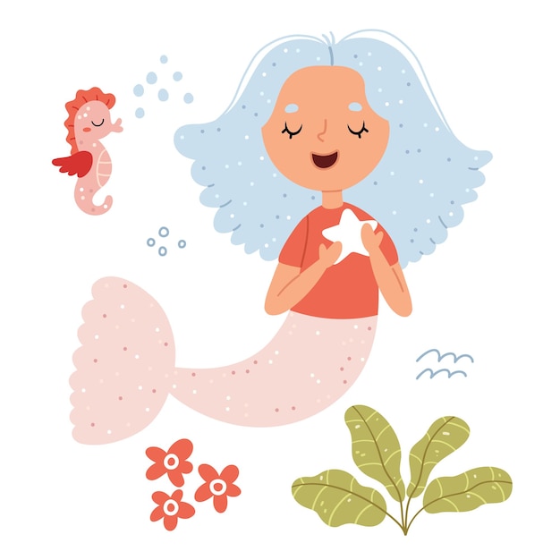 Ilustración de sirena y caballito de mar