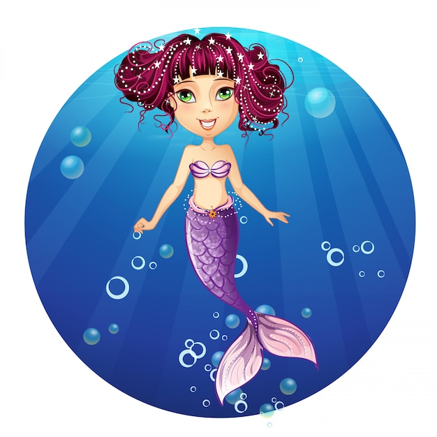 Ilustración de una sirena con cabello rosado y ojos verdes