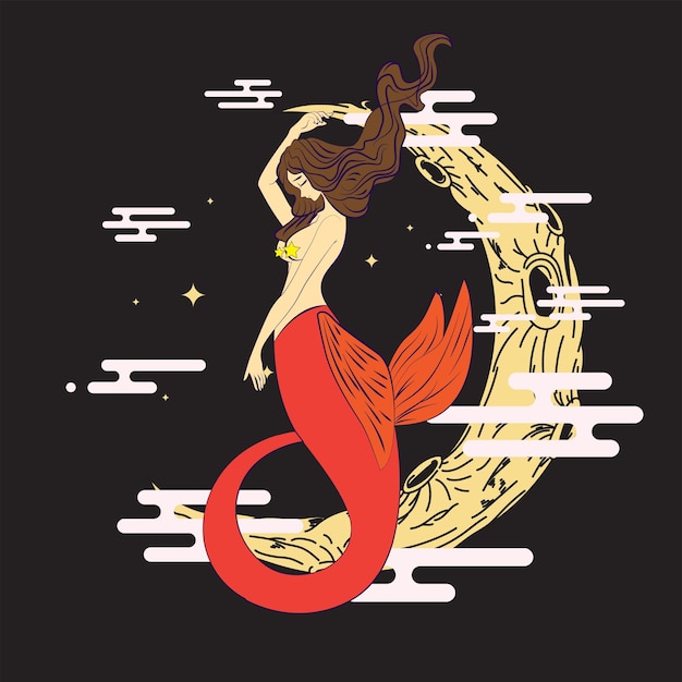 ilustración de sirena con fondo de estilo japonés