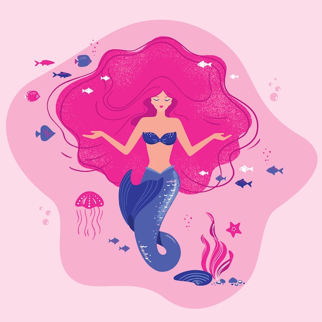 Vector ilustración de una sirena meditando con cabello suelto en el fondo del océano con conchas en sus manos.