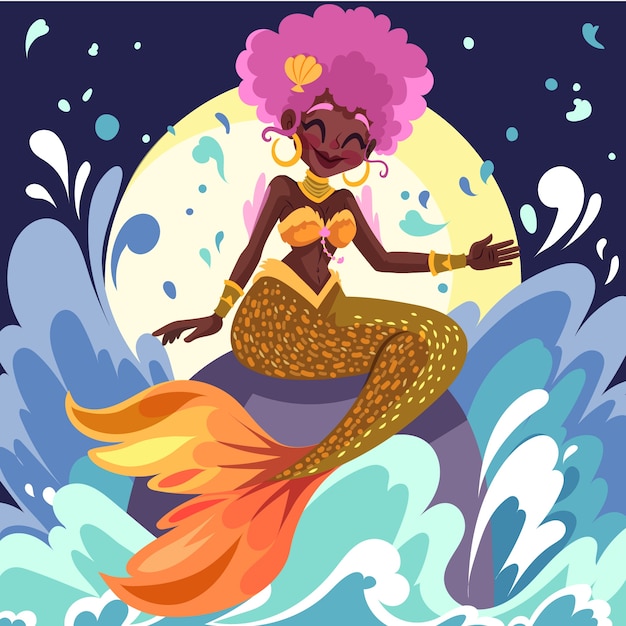 Ilustración de sirena negra dibujada a mano