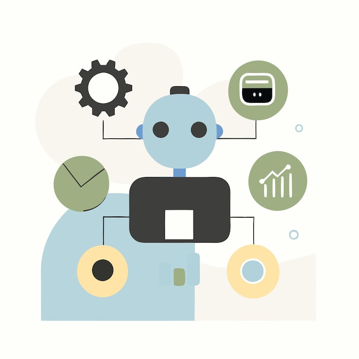 Vector una ilustración de un sistema generado por ia consiste en un robot azul con una cabeza y brazos blancos