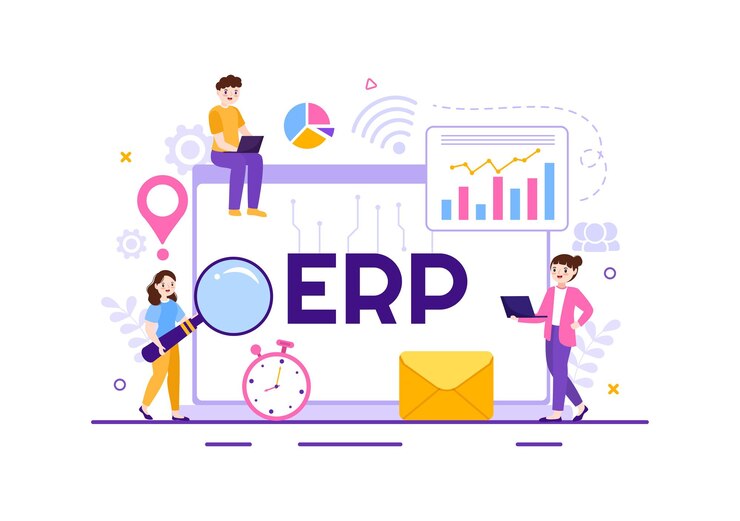 Vector ilustración del sistema de planificación de recursos empresariales erp con integración y mejora empresarial