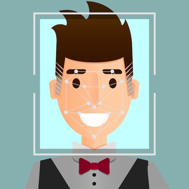 Vector ilustración del sistema de reconocimiento facial. concepto de identificación de seguridad biométrica.