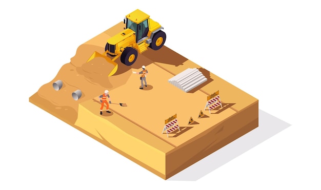 Vector ilustración de un sitio de construcción con trabajadores y una excavadora en terreno arenoso estilo gráfico vectorial en un fondo plano concepto de trabajo de construcción ilustración vectorial