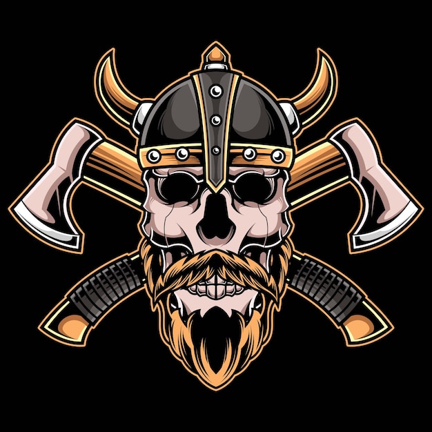 Ilustración de Skull Head con casco vikingo y hacha