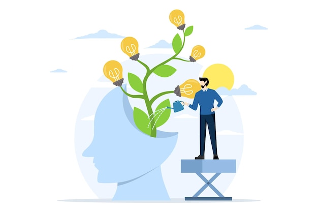 Ilustración sobre el concepto de mentalidad de crecimiento símbolo de un hombre de negocios regando plantas beni con una cabeza grande