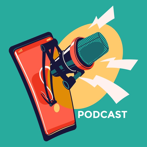 Ilustración sobre podcasting. Equipo de podcast