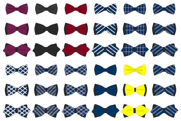 Ilustración sobre el tema conjunto de colores grandes cinta diferentes tipos pajarita varios tamaños Patrón de cinta que consiste en colección de prendas textiles pajarita para la belleza La pajarita es un accesorio divertido hombre en cinta