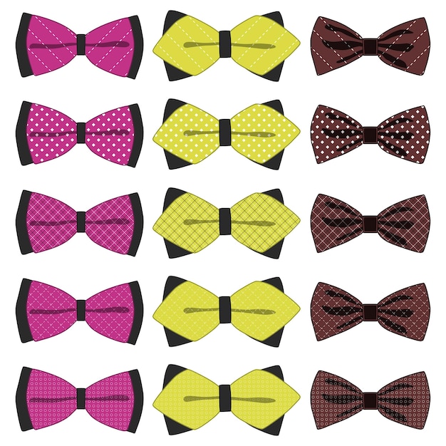 Ilustración sobre el tema conjunto de colores grandes cinta diferentes tipos pajarita varios tamaños Patrón de cinta que consiste en colección de prendas textiles pajarita para la belleza La pajarita es un accesorio divertido hombre en cinta