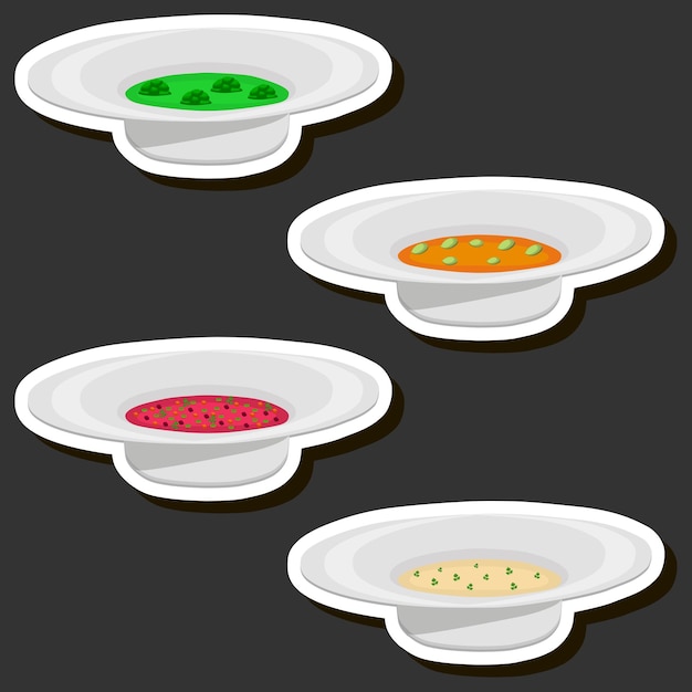 Ilustración sobre el tema conjunto grande varios tipos hermosas sabrosas comestibles sopas caseras calientes