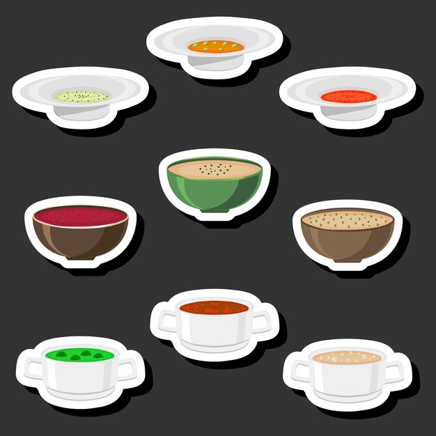 Ilustración sobre el tema conjunto grande varios tipos hermosas sabrosas comestibles sopas caseras calientes