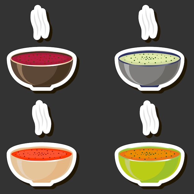 Ilustración sobre el tema conjunto grande varios tipos hermosas sabrosas comestibles sopas caseras calientes