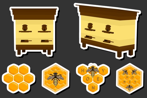 Ilustración sobre el tema de la etiqueta de la miel azucarada que fluye por el panal con la abeja