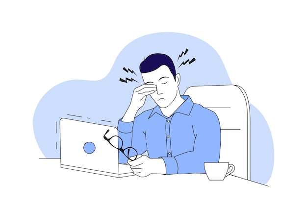 Ilustración sobre el tema de Eye Health Guy se frota los ojos frente a la computadora portátil
