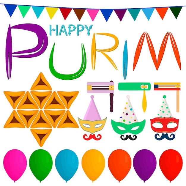 Ilustración sobre el tema gran conjunto de colores diferentes tipos de globos máscara para el Purim judío evento de Israel Purim que consiste en una colección de accesorios máscara de globo máscara de Purim globo para el judaísmo de vacaciones de bebé
