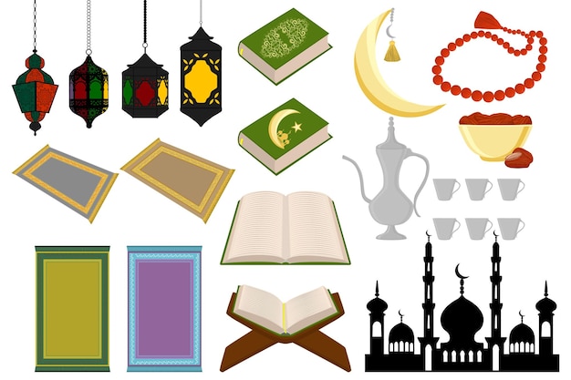 Ilustración sobre el tema gran conjunto de colores diferentes tipos objeto de celebración vacaciones Ramadán kareem Patrón que consiste en colección religiosa Ramadán kareem Accesorio para el día feliz Ramadán kareem