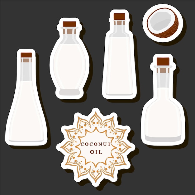 Ilustración sobre el tema gran conjunto diferentes tipos de botella de aceite líquido de varios tamaños