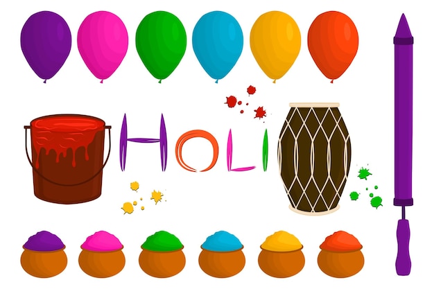 Ilustración sobre el tema gran conjunto diferentes tipos de globos coloridos polvo para Holi patrón de globo que consiste en la colección de accesorios polvo para el festival de Holi polvo globo de Holi para celebrar las vacaciones