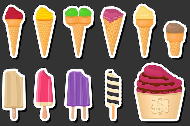 Ilustración sobre el tema del gran kit de helados diferentes tipos en la taza de waffle de cono