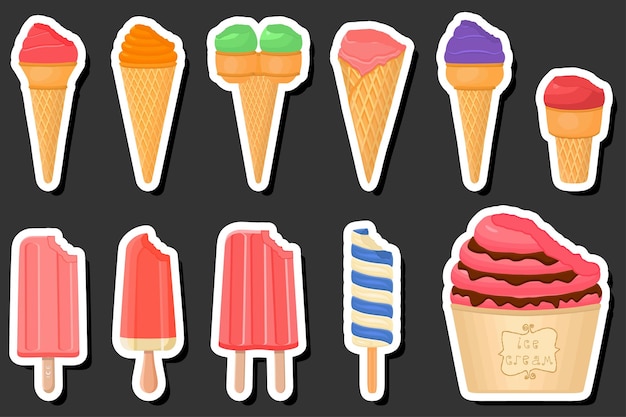 Ilustración sobre el tema del gran kit de helados diferentes tipos en la taza de waffle de cono