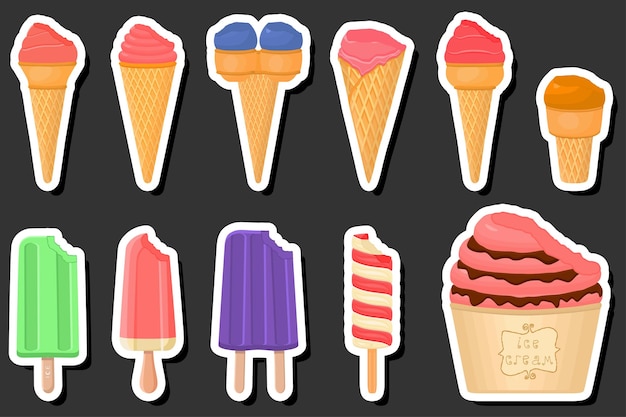 Ilustración sobre el tema del gran kit de helados diferentes tipos en la taza de waffle de cono