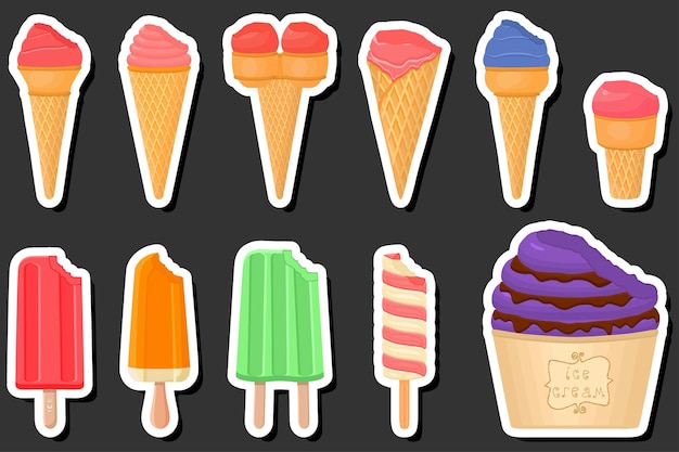 Ilustración sobre el tema del gran kit de helados diferentes tipos en la taza de waffle de cono