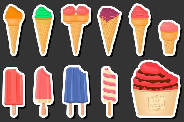 Ilustración sobre el tema del gran kit de helados diferentes tipos en la taza de waffle de cono