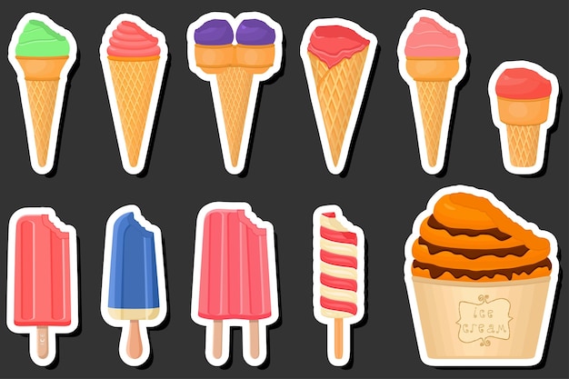 Ilustración sobre el tema del gran kit de helados diferentes tipos en la taza de waffle de cono