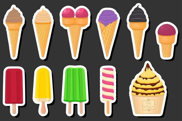 Ilustración sobre el tema del gran kit de helados diferentes tipos en la taza de waffle de cono