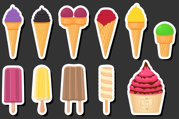 Ilustración sobre el tema del gran kit de helados diferentes tipos en la taza de waffle de cono