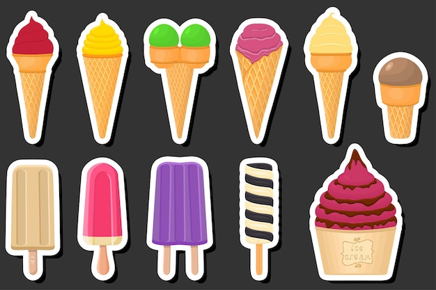 Ilustración sobre el tema del gran kit de helados diferentes tipos en la taza de waffle de cono