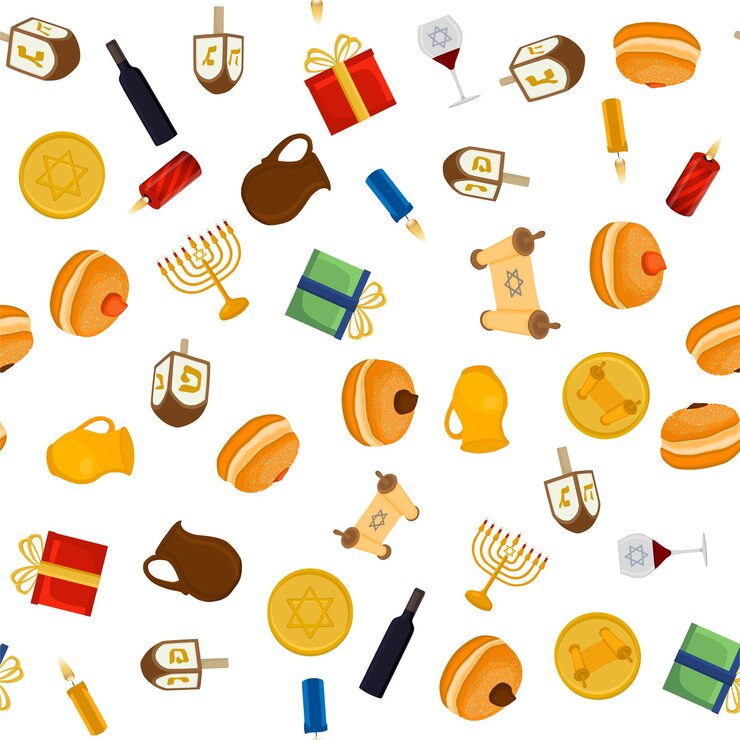 Vector ilustración sobre el tema gran patrón de color hanukkah sin costuras conjunto jarra de arcilla patrón sin costuras que consiste en la colección de jarro de aceite líquido accesorio de vacaciones hanukkah patrón sin costura hanukkah en la jarra vieja