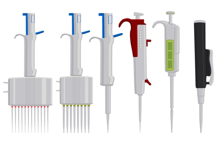 Vector ilustración sobre el tema kit grande diferente cuentagotas de pipeta médica para laboratorio