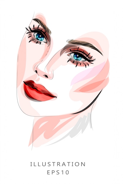 Ilustración sobre el tema del maquillaje y la belleza. bello rostro de una mujer joven con maquillaje de moda. salones de belleza, industria de la belleza.