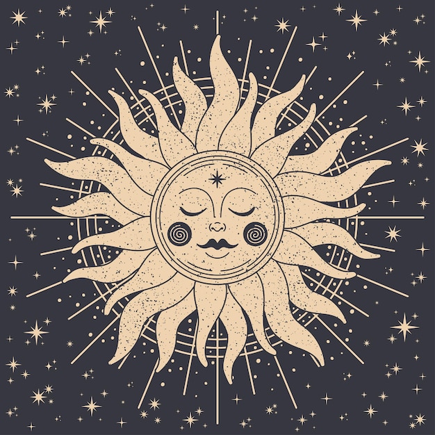 Ilustración de sol místico boho con fondo gris oscuro