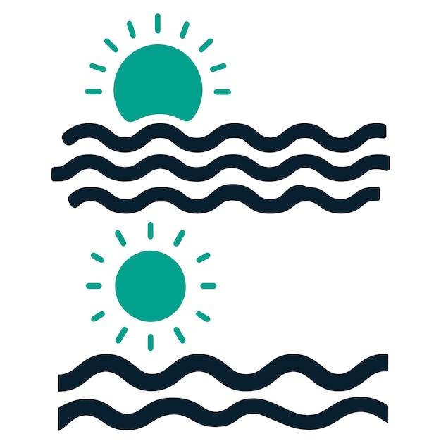 Ilustración de sol y olas mínimas que representan paisajes oceánicos Viaje a la playa y concepto de verano