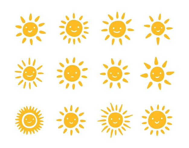 Ilustración de sol sonriente conjunto de ilustraciones vectoriales lindas