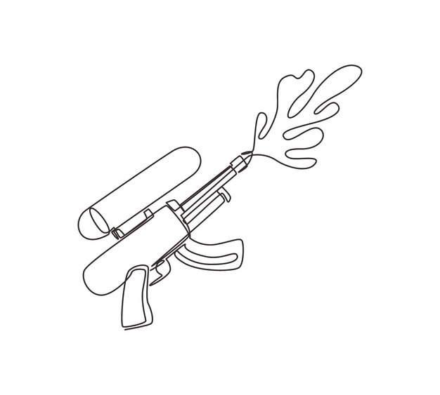 Ilustración de una sola línea de dibujo de pistola de agua Juguete de plástico de verano Pistola con arte vectorial de salpicaduras de agua.