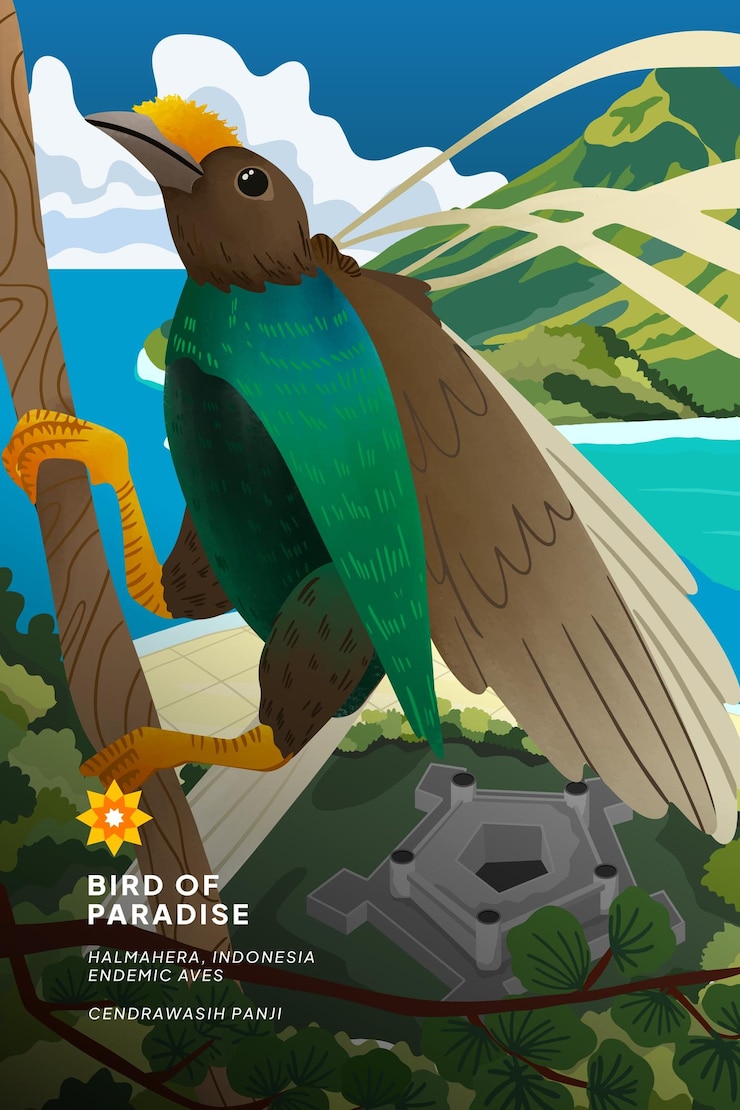 Vector ilustración sombreada de la celda de un pájaro tropical con un hermoso paisaje de indonesia