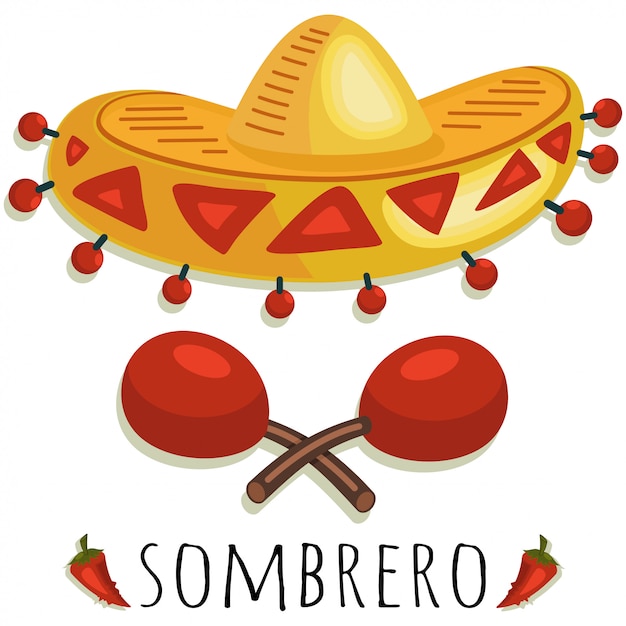 Vector ilustración de sombrero mexicano sombrero y maracas