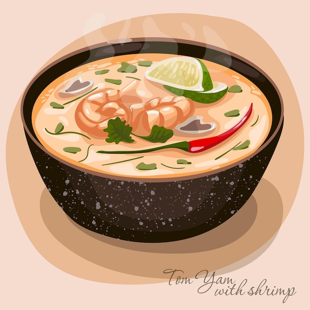Ilustración de sopa asiática tom yam con camarones Sopa caliente picante de delicado color rosa con camarones