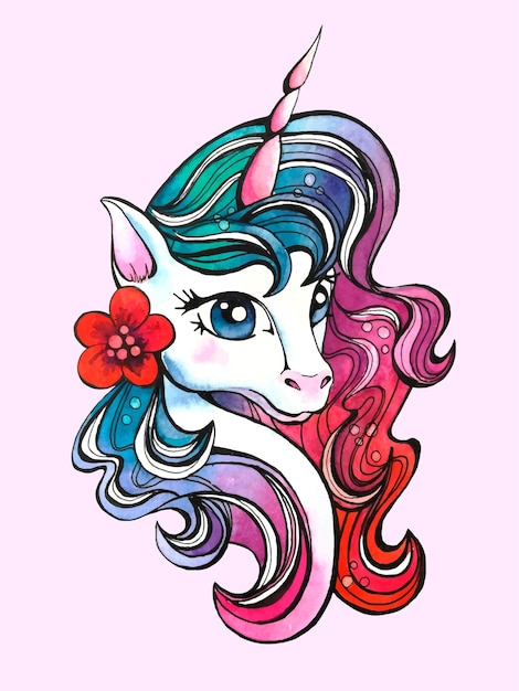 Ilustración de sorteo de mano de unicornio acuarela