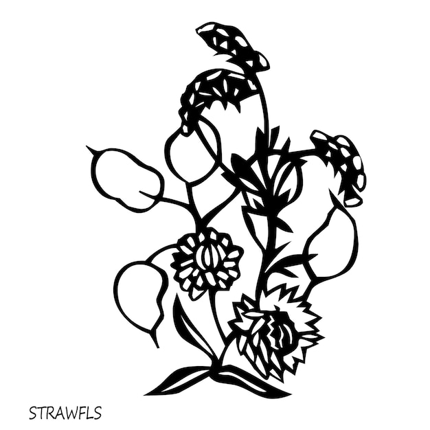 Una ilustración de stock de flores de fresa en blanco y negro