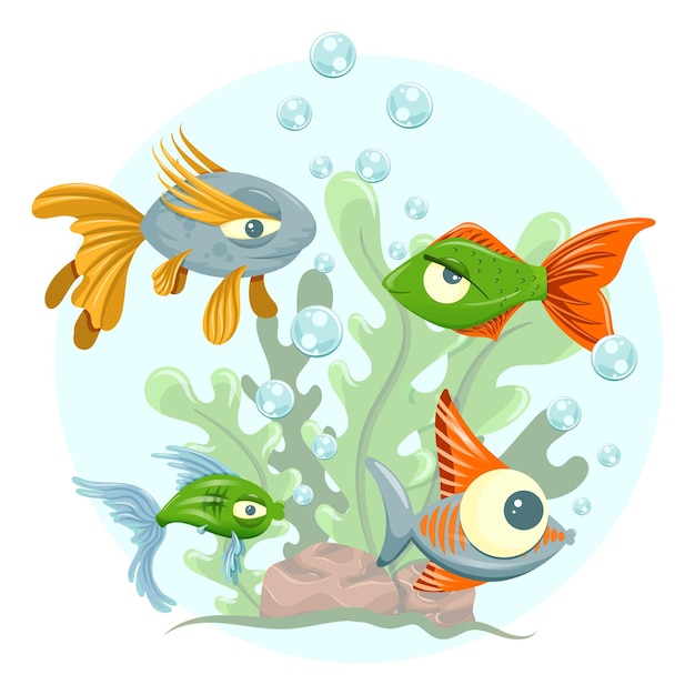 Vector ilustración submarina con peces y algas aislado sobre fondo blanco.