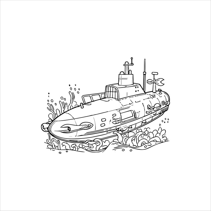 Ilustración de un submarino en una página para colorear