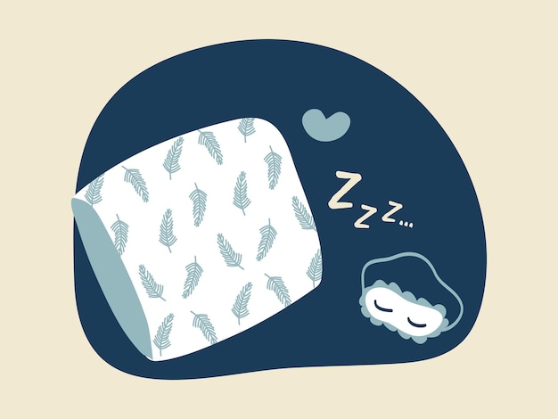 Ilustración de sueño y descanso Almohada con patrones de plumas antifaz para dormir sobre un fondo azul Sonido para dormir