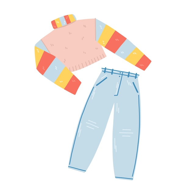 Vector ilustración de un suéter recortado multicolor y jeans azules en un estilo plano